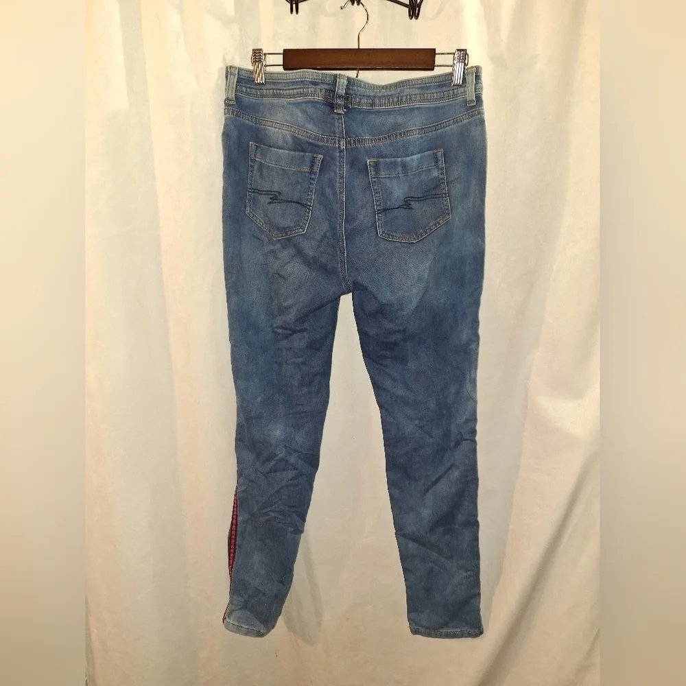 Red and Blue Skinny Jeans with Sporty Stripes